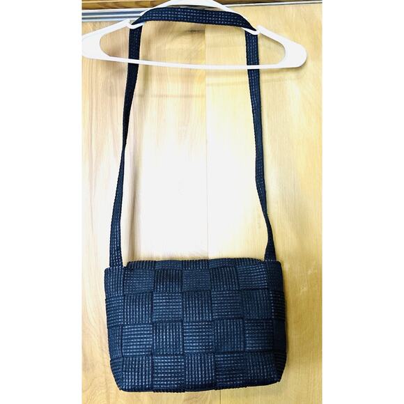 Black Fabric Woven Italian Seatbelt Style Flap Front Snap close bag - Picture 4 of 8